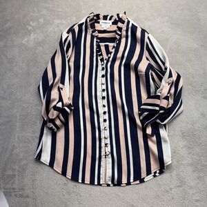 Express Shirt Women's XS Portofino Slim Blouse Navy Pink Striped Roll Tab Button